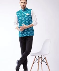 VASTRAMAY Men's Turquoise Cotton Nehru Jacket