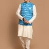 VASTRAMAY Men's Turquoise Cotton Nehru Jacket With Cream Kurta And Pyjama Set Jacket Kurta Sets