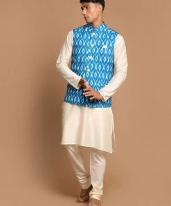 VASTRAMAY Men's Turquoise Cotton Nehru Jacket With Cream Kurta And Pyjama Set Jacket Kurta Sets