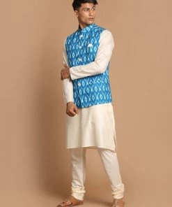 VASTRAMAY Men's Turquoise Cotton Nehru Jacket With Cream Kurta And Pyjama Set Jacket Kurta Sets