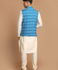 VASTRAMAY Men's Turquoise Cotton Nehru Jacket With Cream Kurta And Pyjama Set Jacket Kurta Sets