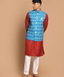 VASTRAMAY Men's Turquoise Cotton Nehru Jacket With Maroon Kurta And Pyjama Set