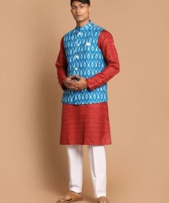 VASTRAMAY Men's Turquoise Cotton Nehru Jacket With Maroon Kurta And Pyjama Set