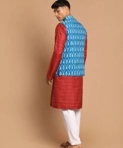 VASTRAMAY Men's Turquoise Cotton Nehru Jacket With Maroon Kurta And Pyjama Set