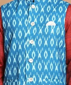 VASTRAMAY Men's Turquoise Cotton Nehru Jacket With Maroon Kurta And Pyjama Set