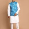 VASTRAMAY Men's Turquoise Cotton Nehru Jacket With White Kurta And Pant Set