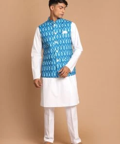 VASTRAMAY Men's Turquoise Cotton Nehru Jacket With White Kurta And Pant Set