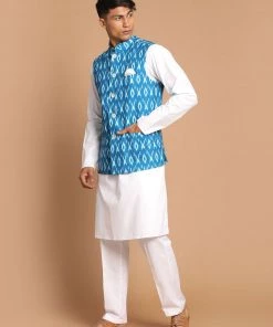 VASTRAMAY Men's Turquoise Cotton Nehru Jacket With White Kurta And Pant Set