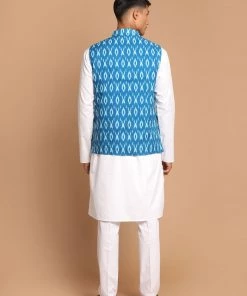 VASTRAMAY Men's Turquoise Cotton Nehru Jacket With White Kurta And Pant Set