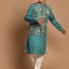 Jacket Kurta Sets VASTRAMAY Men's Green Printed Nehru Jacket And Kurta With Cream Pyjama Set