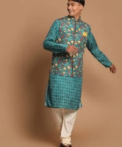 Jacket Kurta Sets VASTRAMAY Men's Green Printed Nehru Jacket And Kurta With Cream Pyjama Set