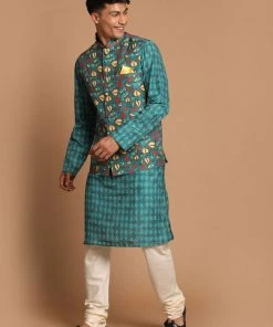 Jacket Kurta Sets VASTRAMAY Men's Green Printed Nehru Jacket And Kurta With Cream Pyjama Set