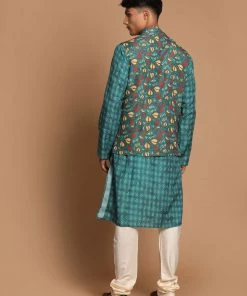 Jacket Kurta Sets VASTRAMAY Men's Green Printed Nehru Jacket And Kurta With Cream Pyjama Set