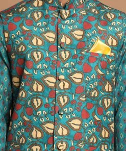 Jacket Kurta Sets VASTRAMAY Men's Green Printed Nehru Jacket And Kurta With Cream Pyjama Set