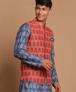Rakhi VASTRAMAY Men's Orange Color Printed Nehru Jacket