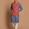 VASTRAMAY Men's Orange Printed Nehru Jacket And Blue Kurta With Pyjama Set