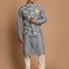 VASTRAMAY Men's Gray Printed Nehru Jacket And Kurta With Cream Pyjama Set Jacket Kurta Sets