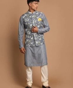 VASTRAMAY Men's Gray Printed Nehru Jacket And Kurta With Cream Pyjama Set Jacket Kurta Sets