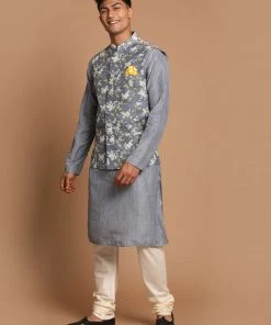 VASTRAMAY Men's Gray Printed Nehru Jacket And Kurta With Cream Pyjama Set Jacket Kurta Sets