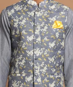 VASTRAMAY Men's Gray Printed Nehru Jacket And Kurta With Cream Pyjama Set Jacket Kurta Sets