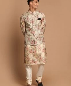 VASTRAMAY Beige Printed Nehru Jacket And Kurta With Cream Solid Pyjama Set Jacket Kurta Sets