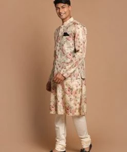 VASTRAMAY Beige Printed Nehru Jacket And Kurta With Cream Solid Pyjama Set Jacket Kurta Sets