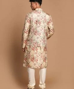 VASTRAMAY Beige Printed Nehru Jacket And Kurta With Cream Solid Pyjama Set Jacket Kurta Sets