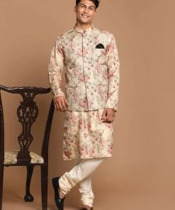 VASTRAMAY Beige Printed Nehru Jacket And Kurta With Cream Solid Pyjama Set Jacket Kurta Sets