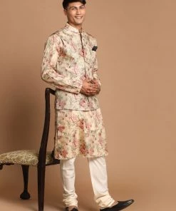 VASTRAMAY Beige Printed Nehru Jacket And Kurta With Cream Solid Pyjama Set Jacket Kurta Sets