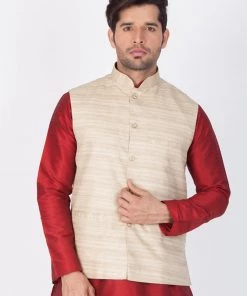 Buy 1 Get 1 VASTRAMAY Men's Beige Cotton Silk Blend Ethnic Jacket