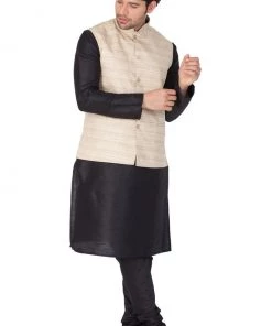 Vastramay Men's Black Cotton Silk Blend Kurta, Ethnic Jacket And Pyjama Set Jacket Kurta Sets