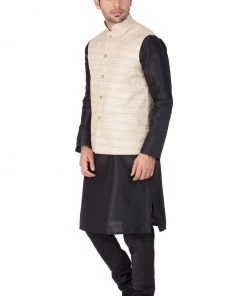 Vastramay Men's Black Cotton Silk Blend Kurta, Ethnic Jacket And Pyjama Set Jacket Kurta Sets