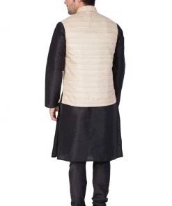 Vastramay Men's Black Cotton Silk Blend Kurta, Ethnic Jacket And Pyjama Set Jacket Kurta Sets