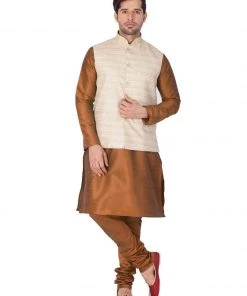 Vastramay Men's Brown Cotton Silk Blend Kurta, Ethnic Jacket And Pyjama Set