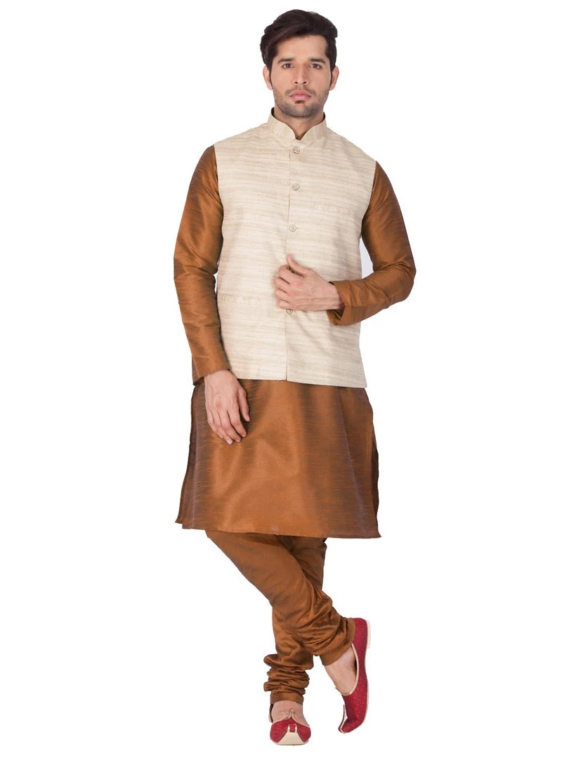 Vastramay Men's Brown Cotton Silk Blend Kurta, Ethnic Jacket And Pyjama Set 3 Vastramay Men's Brown Cotton Silk Blend Kurta, Ethnic Jacket And Pyjama Set