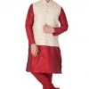 Vastramay Men's Maroon Cotton Silk Blend Kurta, Ethnic Jacket And Pyjama Set Jacket Kurta Sets