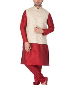 Vastramay Men's Maroon Cotton Silk Blend Kurta, Ethnic Jacket And Pyjama Set Jacket Kurta Sets