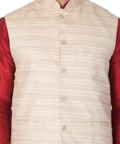 Vastramay Men's Maroon Cotton Silk Blend Kurta, Ethnic Jacket And Pyjama Set Jacket Kurta Sets