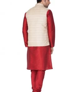 Vastramay Men's Maroon Cotton Silk Blend Kurta, Ethnic Jacket And Pyjama Set Jacket Kurta Sets