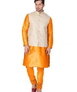 Vastramay Jacket Kurta Sets Men's Orange Cotton Silk Blend Kurta, Ethnic Jacket And Pyjama Set