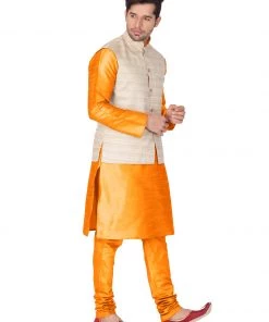 Vastramay Jacket Kurta Sets Men's Orange Cotton Silk Blend Kurta, Ethnic Jacket And Pyjama Set