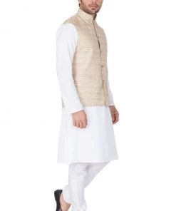 Vastramay Jacket Kurta Sets Men's White Cotton Blend Kurta, Ethnic Jacket And Pyjama Set