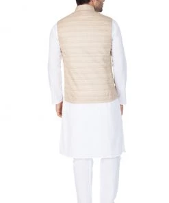 Vastramay Men's White Cotton Blend Kurta, Ethnic Jacket And Pyjama Set