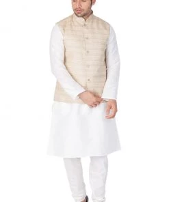 Vastramay Jacket Kurta Sets Men's White Cotton Silk Blend Kurta, Ethnic Jacket And Pyjama Set