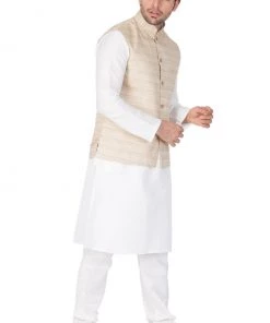 Vastramay Jacket Kurta Sets Men's White Cotton Silk Blend Kurta, Ethnic Jacket And Pyjama Set