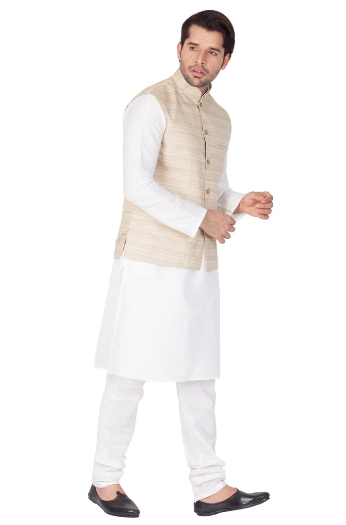 Vastramay Jacket Kurta Sets Men's White Cotton Silk Blend Kurta, Ethnic Jacket And Pyjama Set 4 Vastramay Jacket Kurta Sets Men's White Cotton Silk Blend Kurta, Ethnic Jacket And Pyjama Set