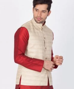 Buy 1 Get 1 VASTRAMAY Men's Beige Cotton Silk Blend Ethnic Jacket