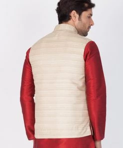 Buy 1 Get 1 VASTRAMAY Men's Beige Cotton Silk Blend Ethnic Jacket