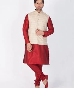 Buy 1 Get 1 VASTRAMAY Men's Beige Cotton Silk Blend Ethnic Jacket