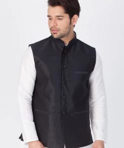 VASTRAMAY Men's Black Cotton Silk Blend Ethnic Jacket Buy 1 Get 1